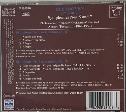 CD Beethoven - Symphony No. 5 - Symphony No. 7 - Toscanini - Imagem 3