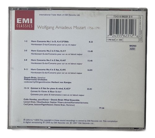 CD Mozart Horn Concertos Nos. 1-4, Quintet In E Flat, K452 - Imagem 3