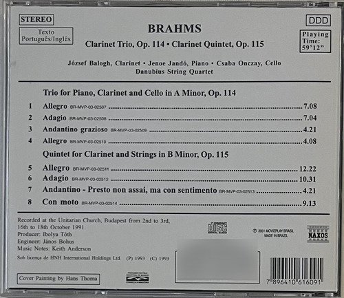 CD Brahms - Clarinet Trio, Op. 114 Clarinet Quintet, Op. 115 - Imagem 3