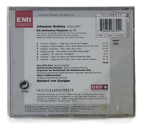 CD Brahms - Ein Deutsches Requiem - Lisa Della Casa - Imagem 2