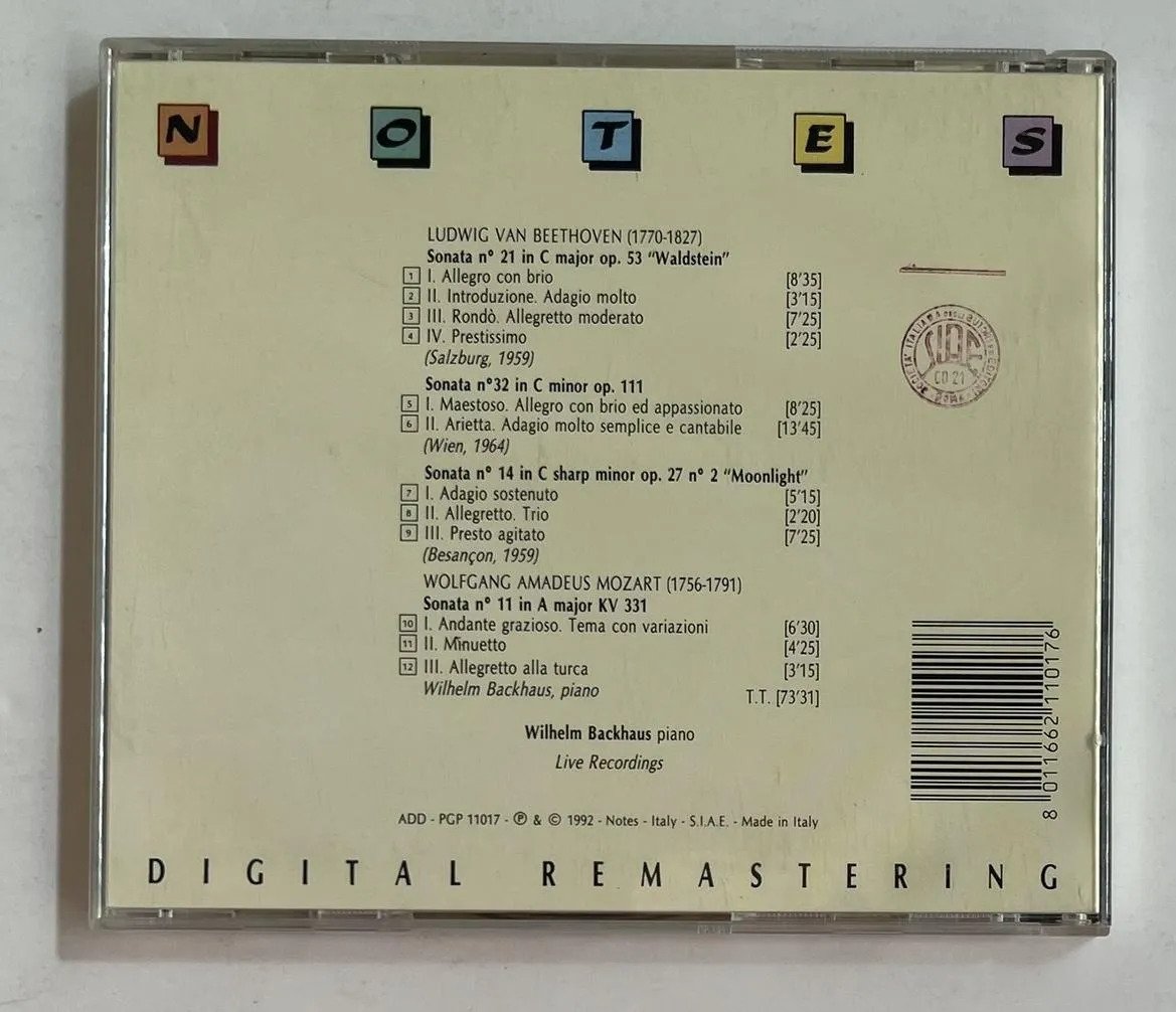 CD Wilhelm Backhaus - Sonata N. 14 In C Sharp Minor Op. 27 N. 2 / Sonata N.21 In C Op.53 "Waldstein" / Sonata N. 32 In C Minor Op. 111 / Sonata N. 11 KV 331 - Imagem 3
