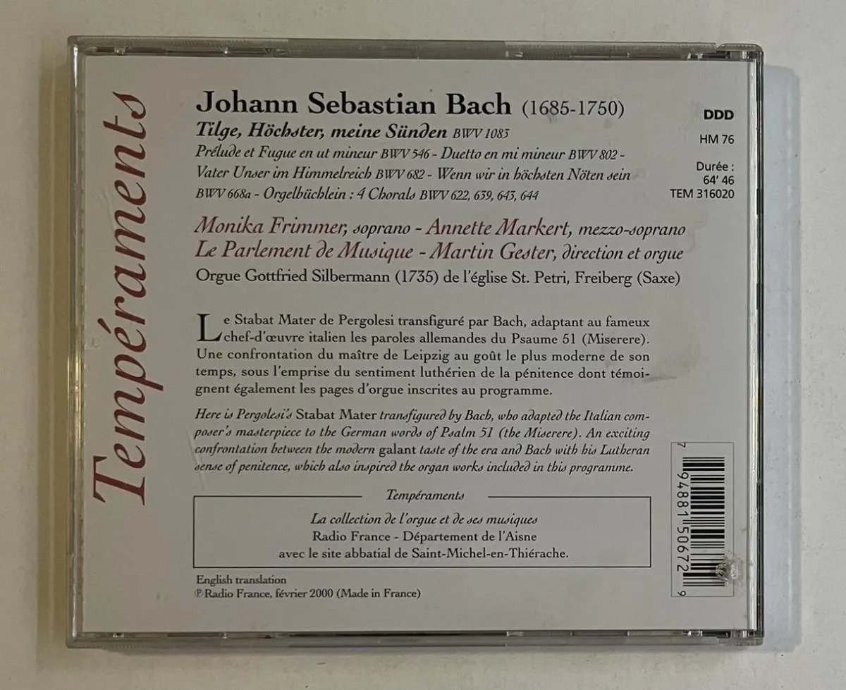 CD Johann Sebastian Bach - Tilge, Höchster, Meine Sünden D'Après Pergolesi / Stabat Mater, Œuvres Pour Orgue - Imagem 3