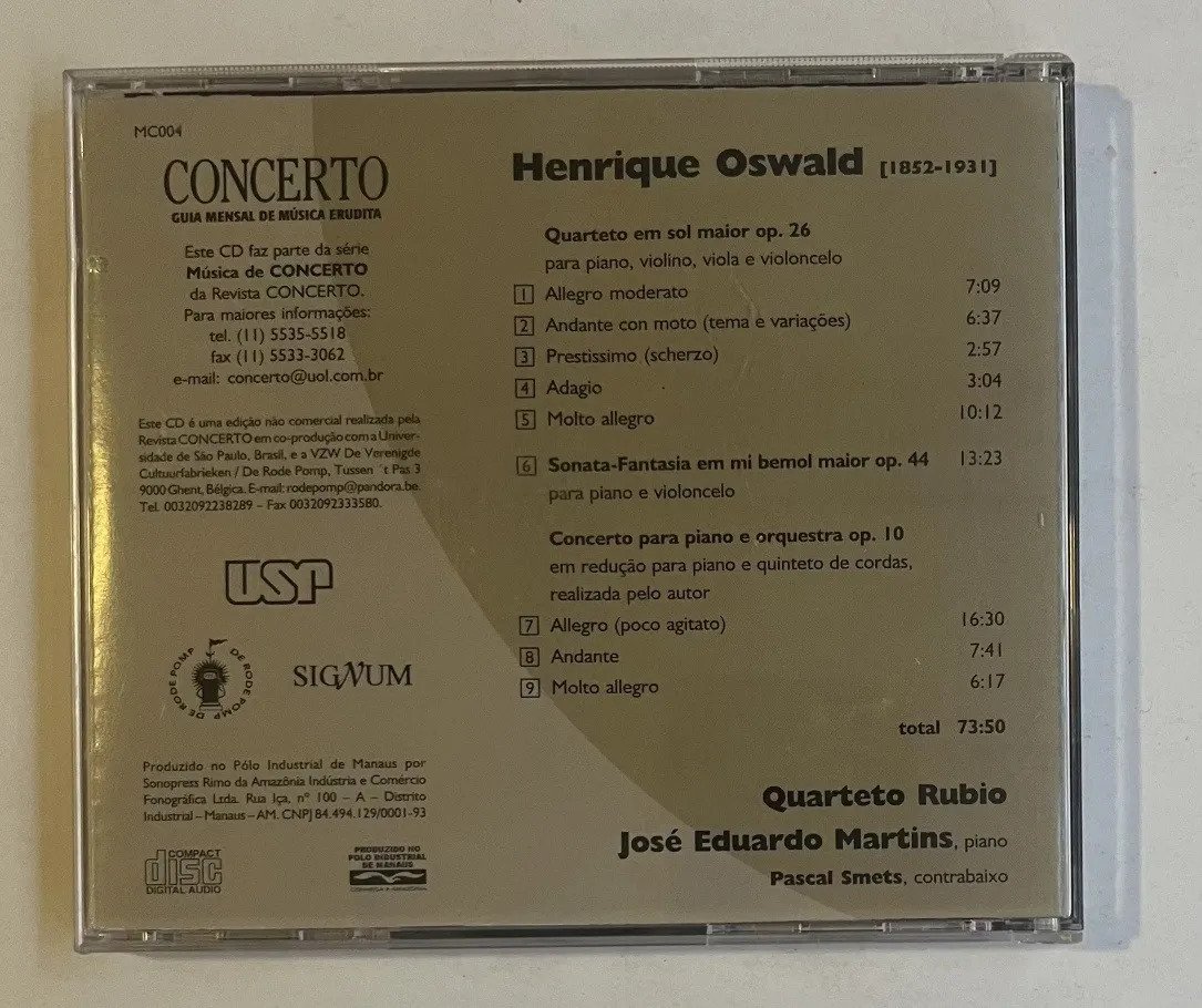 CD Henrique Oswald - Quarteto Para Piano E Cordas; Sonata-Fantasia; Concerto Para Piano E Orquestra - Imagem 3