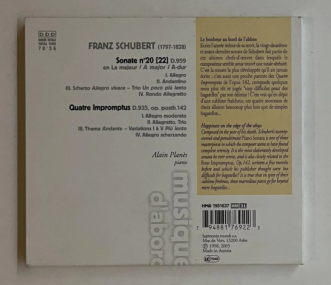 CD Alain Planès - Schubert Sonate D.959 & Impromptus op. 142 - Imagem 3