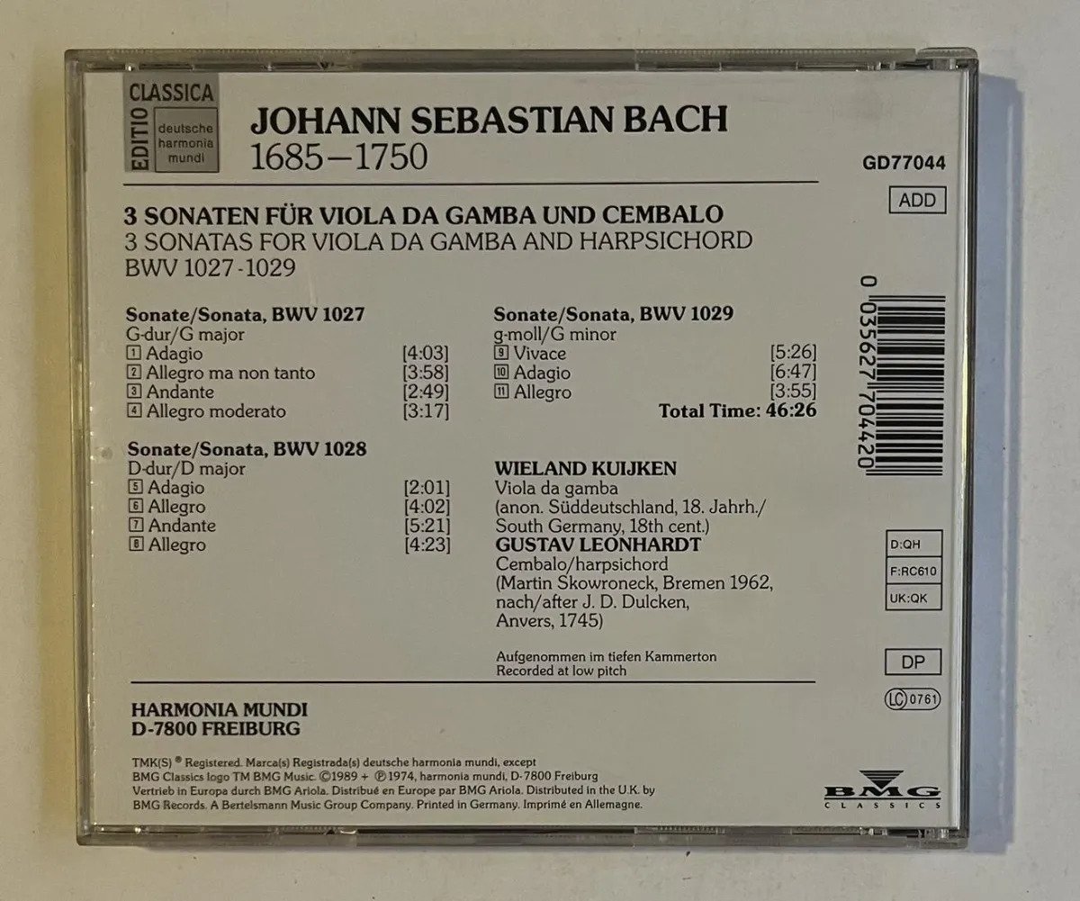 CD Johann Sebastian Bach - 3 Sonaten Für Viola Da Gamba And Cembalo = 3 Sonatas For Viola Da Gamba And Harpsichord BWV 1027-1029 - Imagem 3